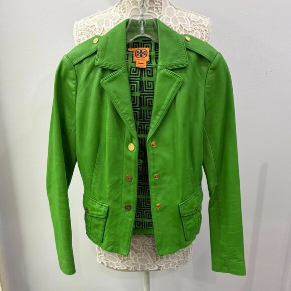 Tory Burch Green Leather Jacket Size 2 - Picture 3 of 15